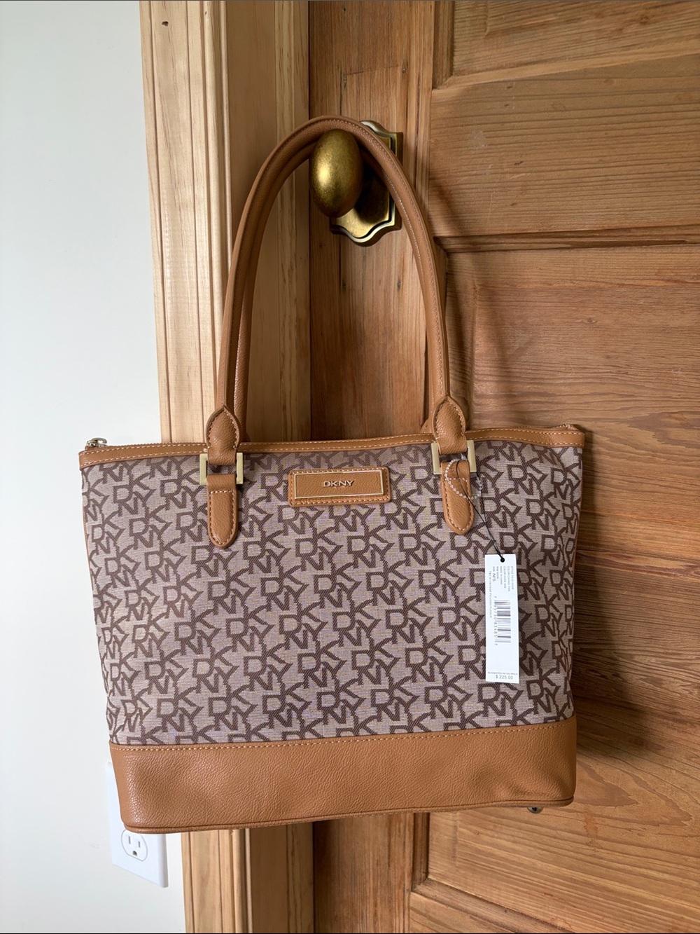 DKNY Tan & Beige Monogram Tote with Leather Trim | NWT